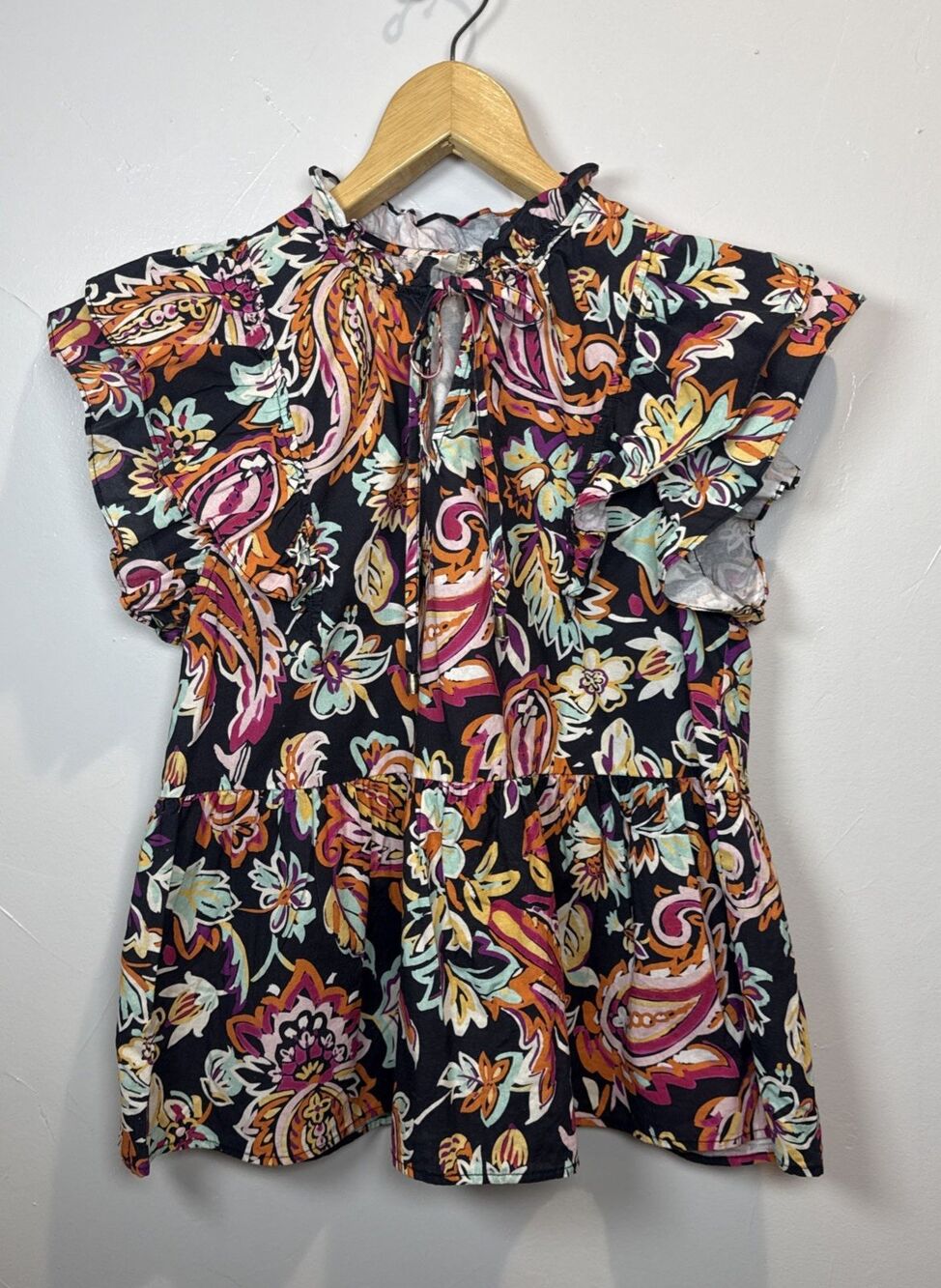 Entro Shirt Dark Romantic Ruffle Sleeves Size Small Floral Colorful Boho Beachy